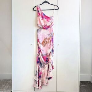 Patiss Elegant One Shoulder Pink Floral Dress